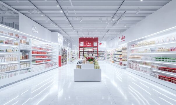 A white spacious super market with high end groceries and consumables in a minimalist and elegant style featuring red details and furniture.
