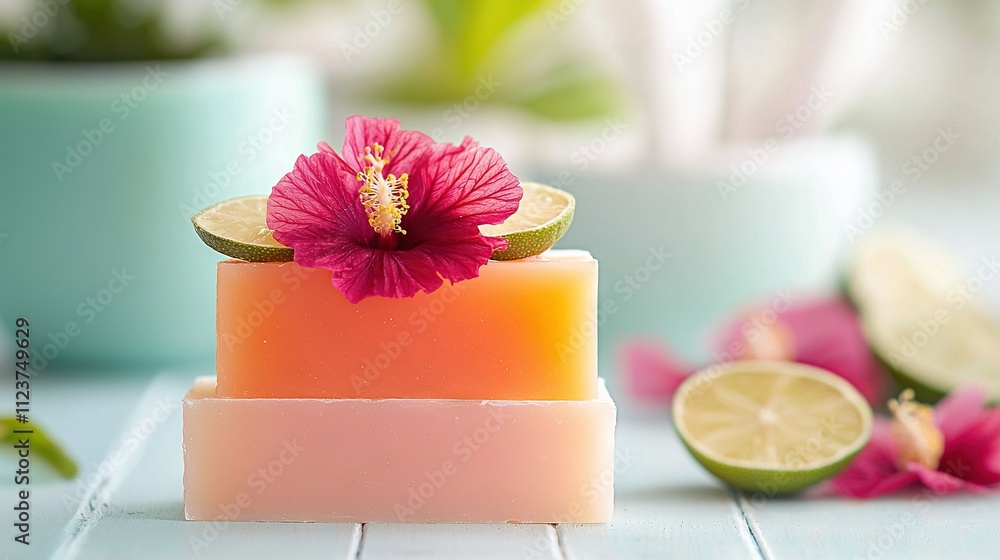 Poster soap bar with a flower and sliced lime