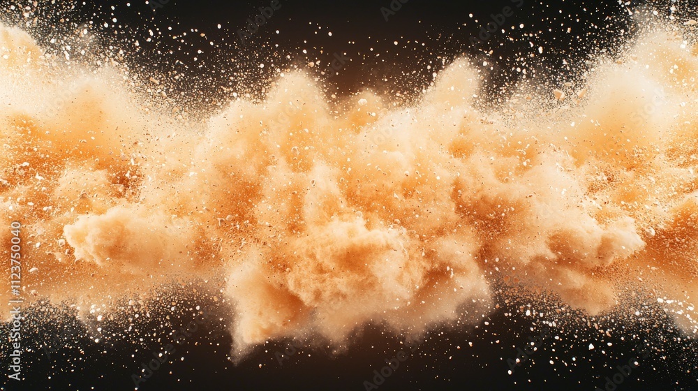Poster a dynamic explosion of orange dust and particles against a dark background, creating a striking visu