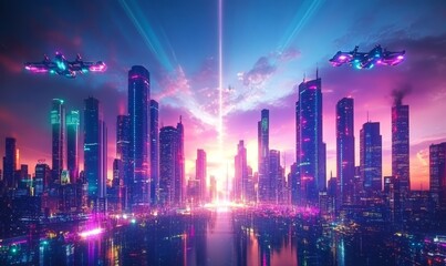 Obraz premium futuristic urban skyline with neon lights high-tech buildings and flying vehicles science fiction city
