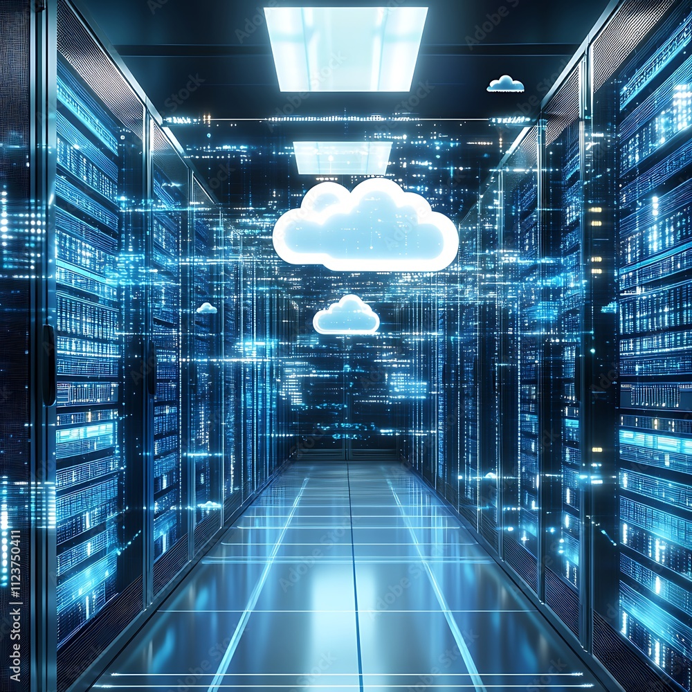 Poster server cloud data storage visualized in dynamic futuristic cloudscape illustration