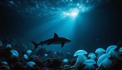 Obraz premium Mystical underwater scene of a baby shark swimming among glowing jellyfish in deep ocean waters