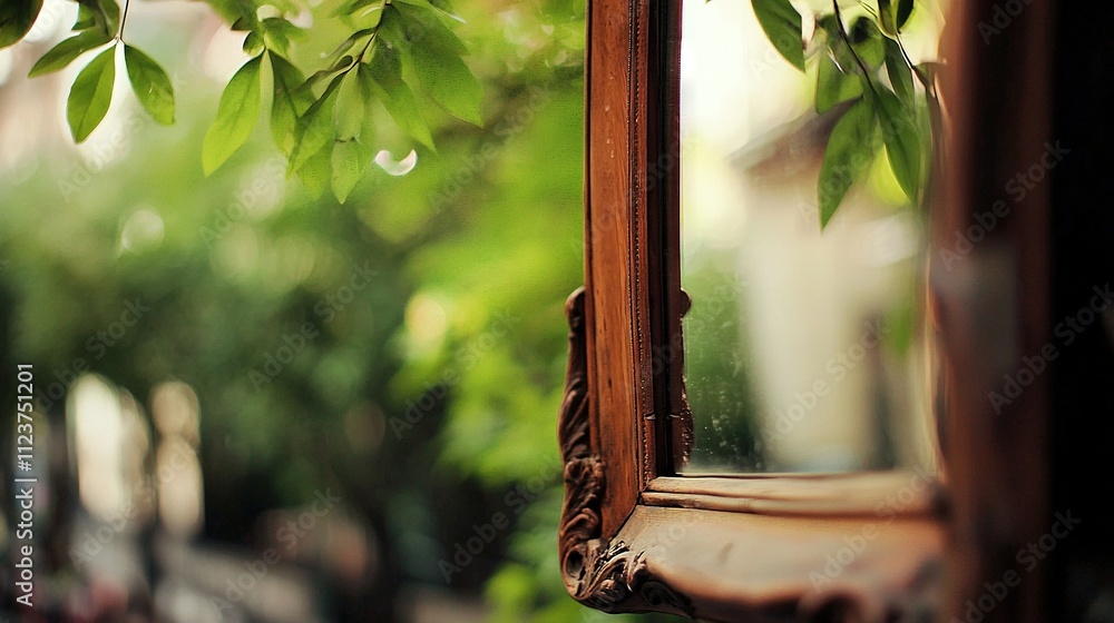 Poster a mirror resting atop a windowsill, adjacent to a verdant tree, facing a structure