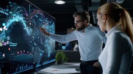 Business team stock market trends office setting digital display collaborative discussion investment strategies