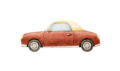 A vintage convertible car is illustrated with a warm color palette, showcasing its elegant design and charm. This vehicle represents freedom and classic style.