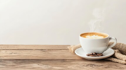 Obraz premium A steaming cup of coffee sits on a rustic wooden table, accompanied by coffee beans, evoking a warm and inviting atmosphere.