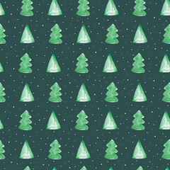 Obraz premium This design features a repeating pattern of green Christmas trees and white snowflakes on a dark background, perfect for holiday-themed crafts and decorations.