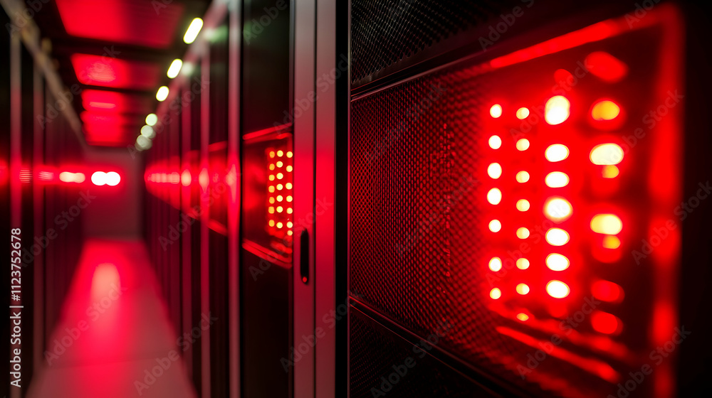 Poster red lights illuminate a server room's interior, showcasing rows of data storage units.