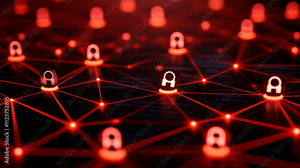 Poster red network nodes with padlock icons.