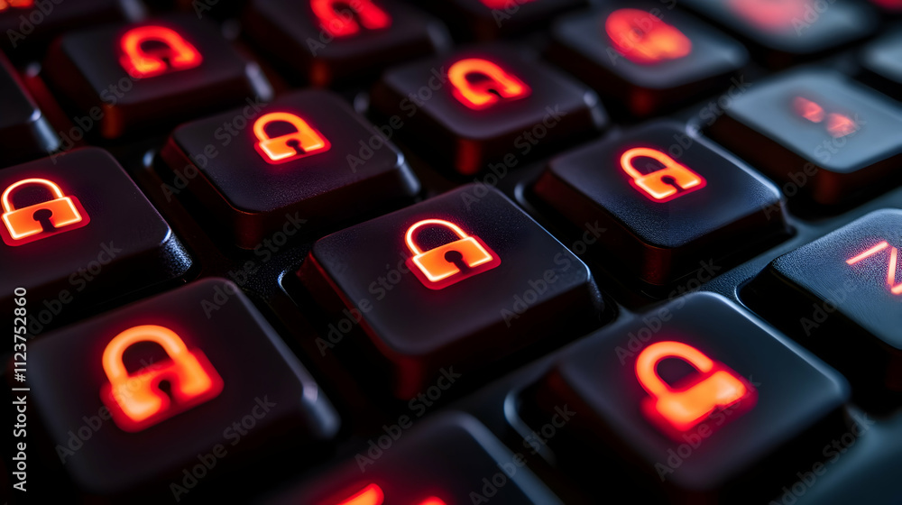 Poster red padlock icons illuminate dark keyboard keys, symbolizing digital security.