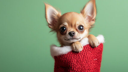 cute chihuahua puppy peeking out of a red christmas stocking