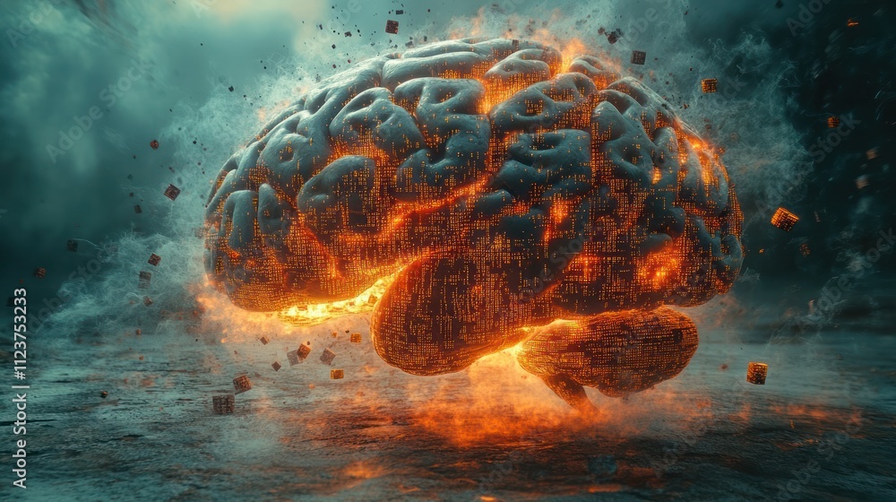 Poster a fiery brain surrounded by swirling clouds and floating cubes.