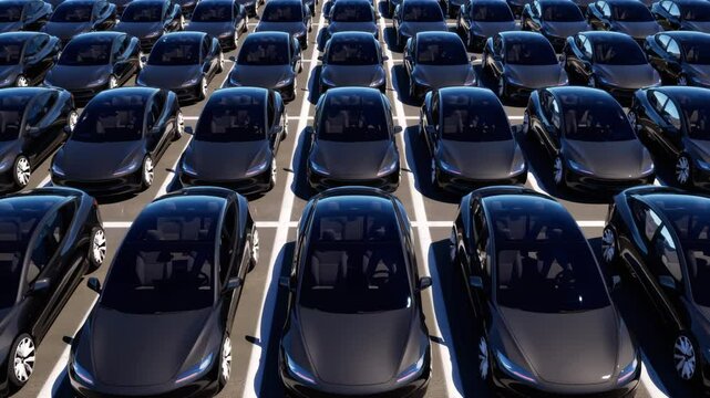 An aerial view over a vast parking lot filled with unsold new grey electric vehicles.