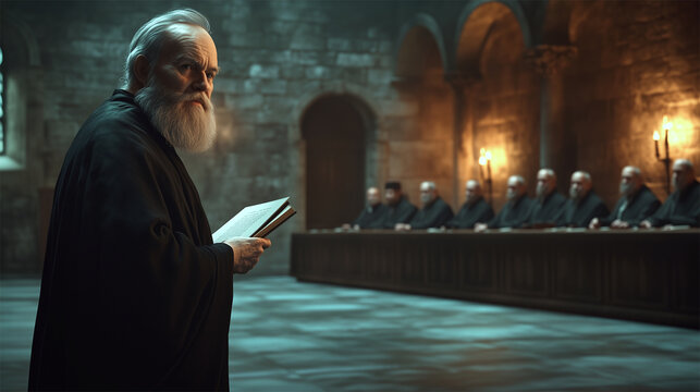 Galileo Galilei addressing the Inquisition in a dimly lit chamber, historic trial scene.  
