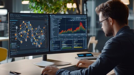 Data analyst financial risk models modern office interactive interface investment strategies professional environment