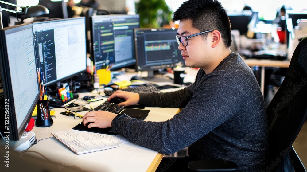 Poster data engineer developing cloud-based storage solution for global retail corporation office environme