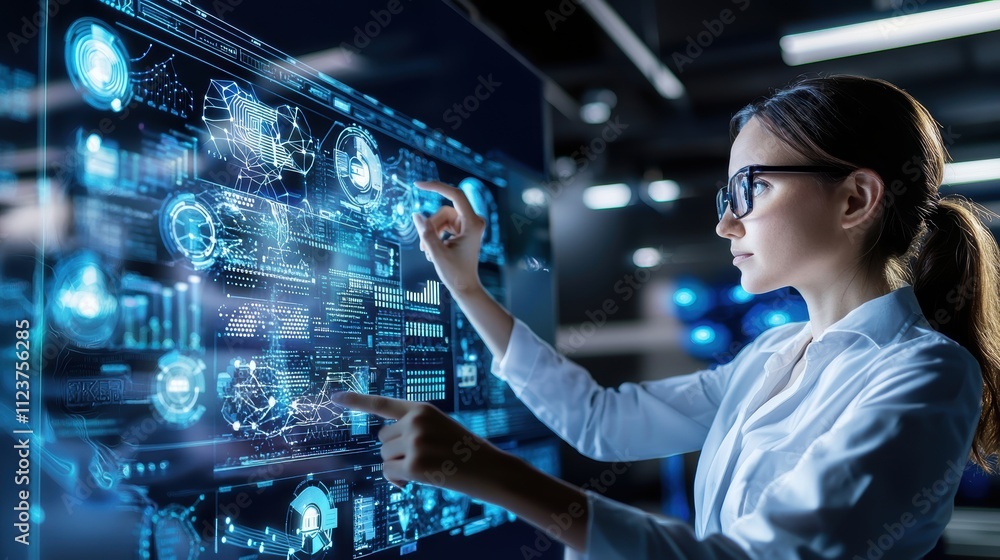 Aufkleber data scientist analyzes visualization dashboard in technology firm modern office digital environment