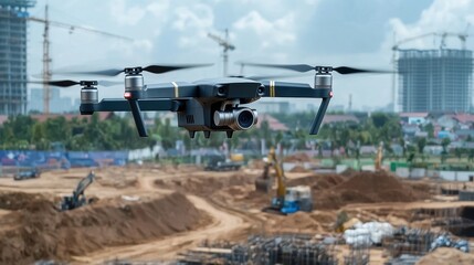 Fototapeta premium Drone surveying large construction site for new real estate development urban environment aerial view technology concept
