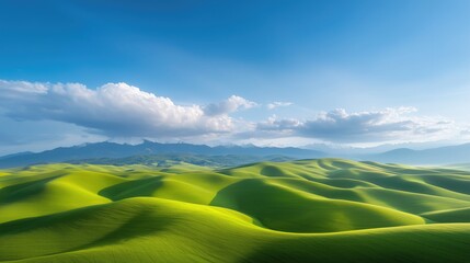 Obraz premium Rolling green hills under a vibrant blue sky with fluffy clouds and distant mountains.