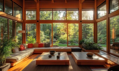 Fototapeta premium Modern Japanese-style living room with large windows showcasing a lush garden.