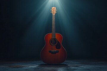 A lone acoustic guitar illuminated by a spotlight on a dark stage