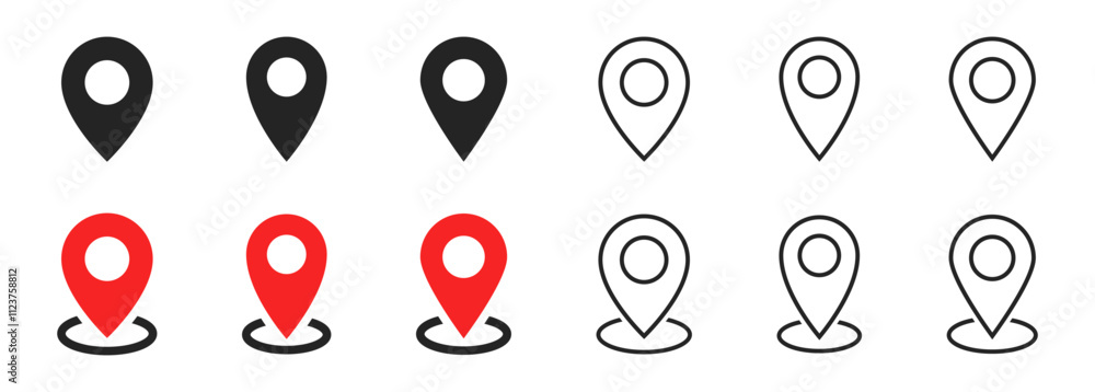 Poster location map pointer icon, place pin marker sign - red gps map pointers in flat style, destination symbols. location pin line icon, Navigation sign