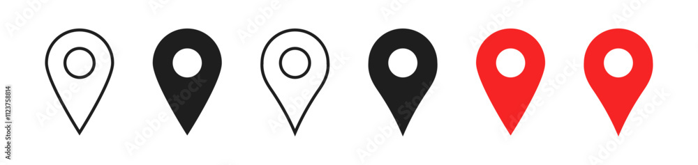 Poster location map pointer icon, place pin marker sign - red gps map pointers in flat style, destination symbols. location pin line icon, Navigation sign