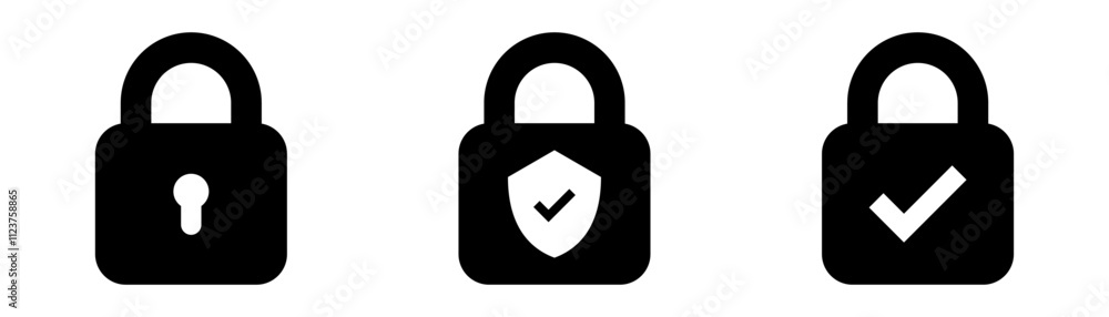 Poster Lock shield check mark icon or security shield protection icon with padlock tick symbol