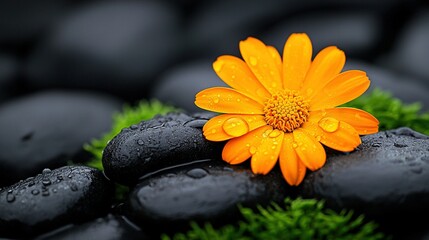 An orange flower atop black rocks with water-kissed petals