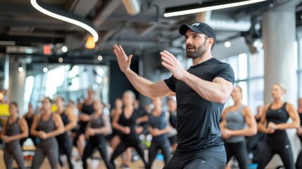 High-intensity interval training class by fitness trainer at gym engaging group workout urban environment