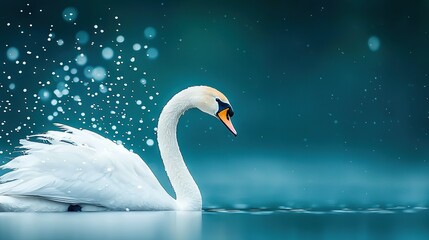 Fototapeta premium Close-up photo of white swan in water droplets on wing