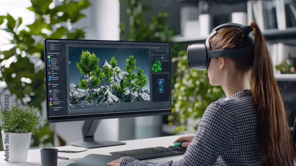 Poster graphic designer creating immersive vr experience in modern workspace with nature elements for virtu