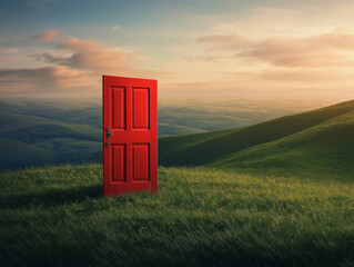 Rotbl&uuml;tige T&uuml;r in einer malerischen Landschaft

