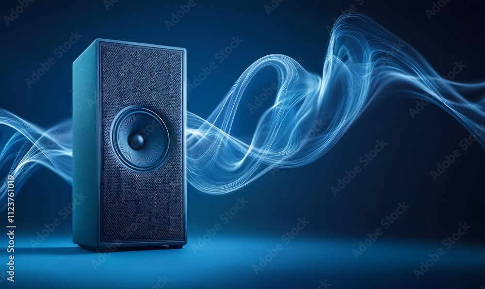 Poster dynamic sound waves emanating from a modern speaker on blue background