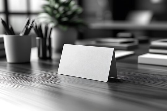 A blank white card on a wooden desk in a modern office