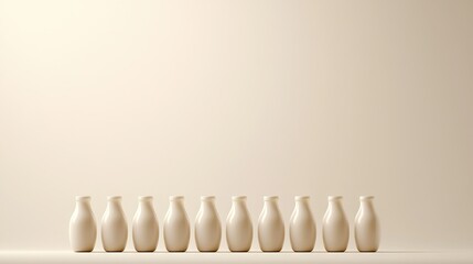   A row of white vases sit together on a white floor beside a wall