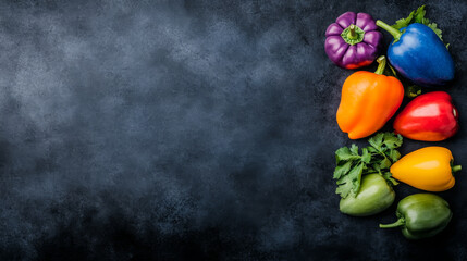 An array of multi hued bell peppers against a neutral background