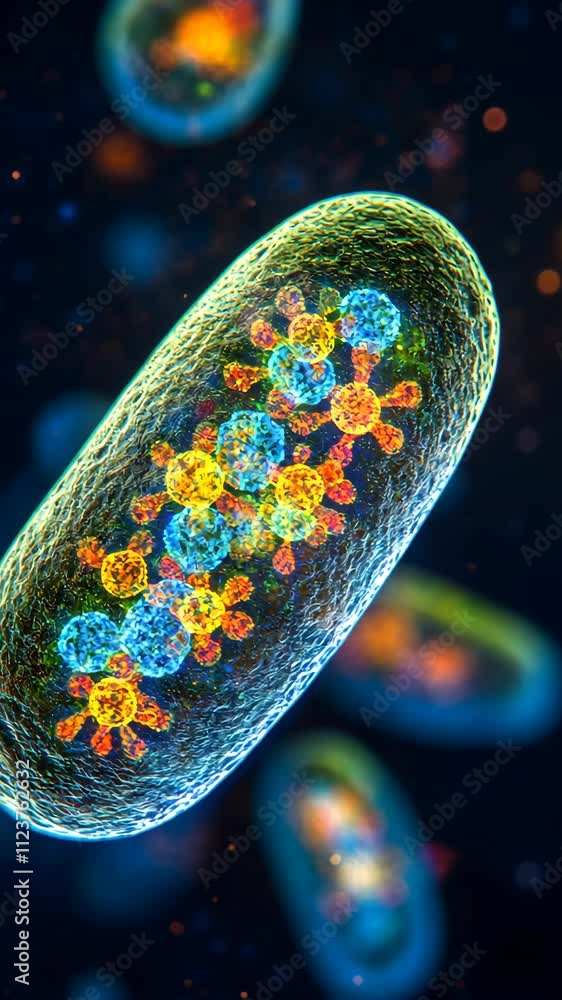 Poster vibrant microscopic view of bacteria displaying colorful cellular structures during scientific resea