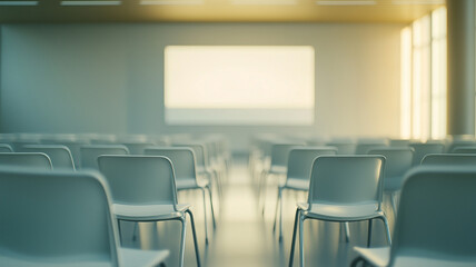 Blurred background of modern empty conference room with rows of chairs and projection screen.