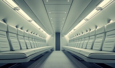 Obraz premium Empty interior of a private jet airplane cabin with modern white leather seats.