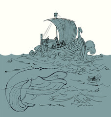 Naklejka premium Vector drawing. Sailors on a ship in a storm