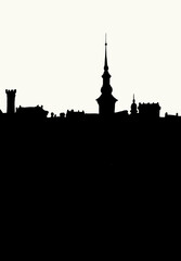 Naklejka premium Vector drawing. Medieval cathedral in the center of the city square