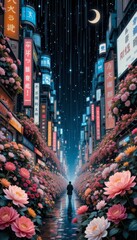 Fototapeta premium Vibrant city street illuminated by neon lights and adorned with flowers at night
