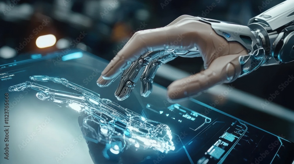 Poster robotics engineer programming autonomous machine for manufacturing efficiency in industrial environm