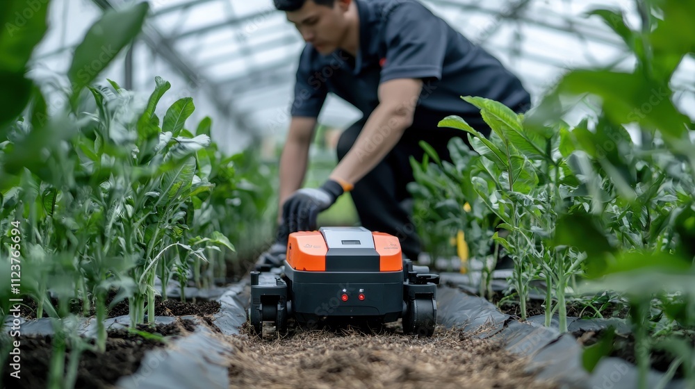 Poster robotics engineer testing autonomous agricultural robot in smart farm greenhouse environment innovat