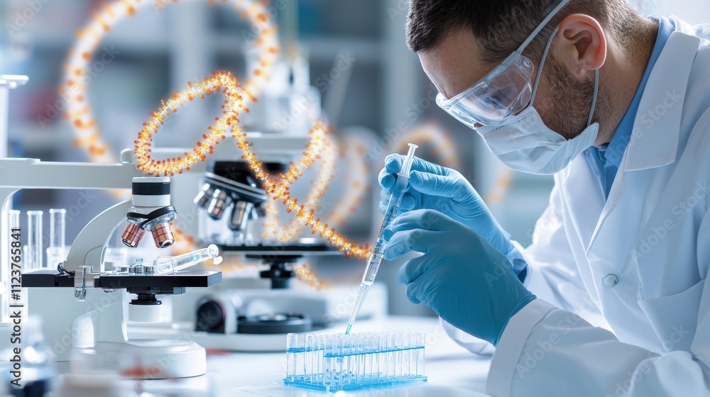Poster scientist conducting crispr experiments in a high-tech biotech lab modern science environment close-