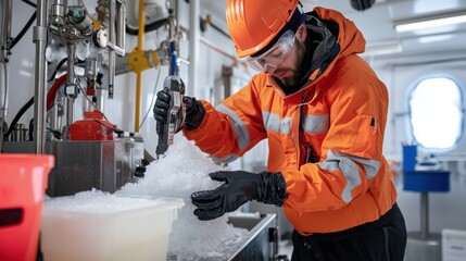 Scientist analyzes ice cores in antarctic lab using cryogenic tools for climate studies environmental science concept
