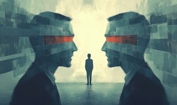 This two-dimensional artwork illustrates the blind spot bias of someone disregarding crucial information. Concepts: Blind spot bias, bias, misinformation, critical thinking, critical thinking of