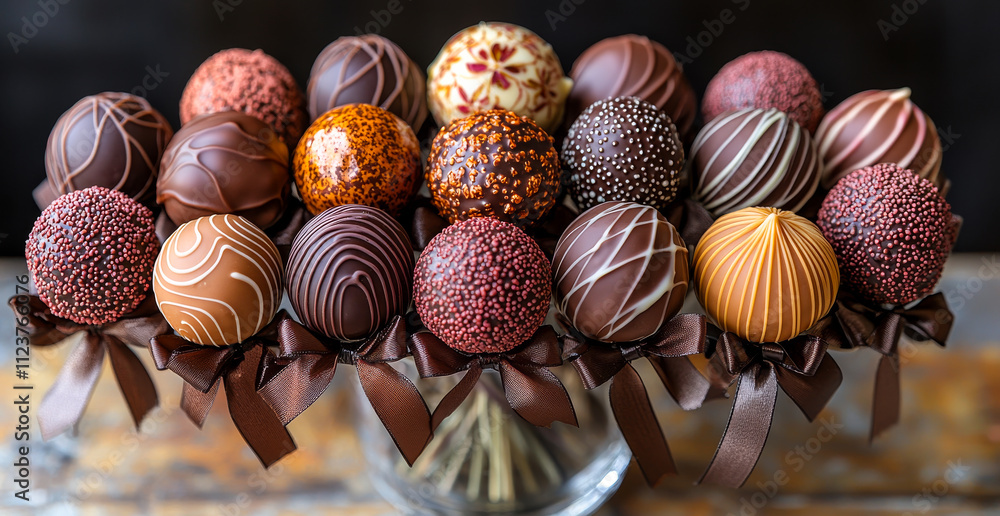 Poster a bunch of chocolate covered doughnuts are arranged in a vase. the doughnuts are of different sizes 