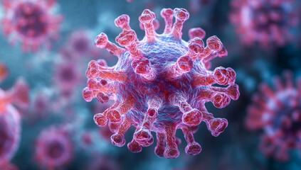 Obraz premium A close up of a virus with pink and blue colors. The virus is surrounded by a blue background